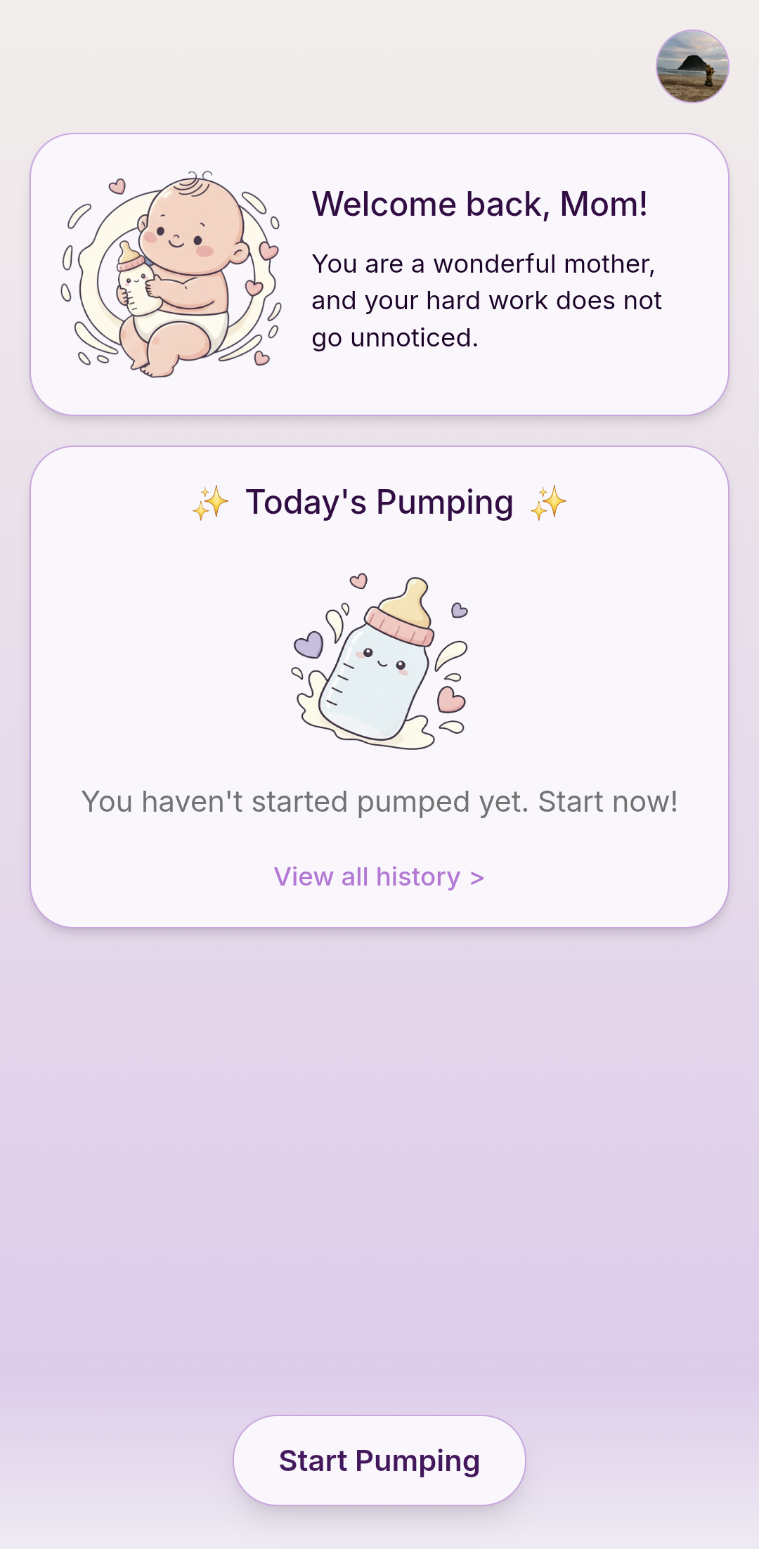 Home screen with the daily greeting and today's pumping summary