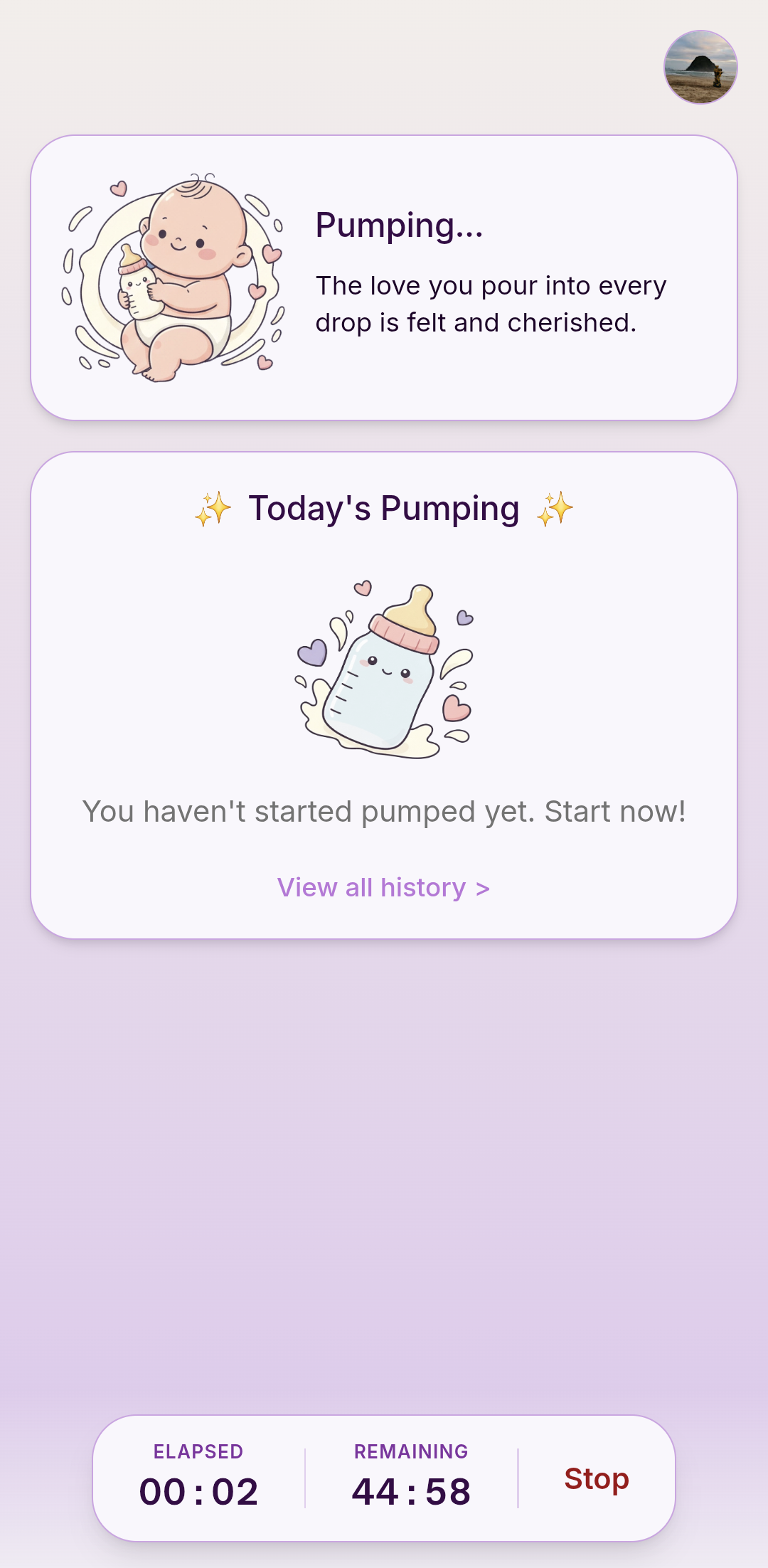 Active pumping session with an elapsed and remaining timer