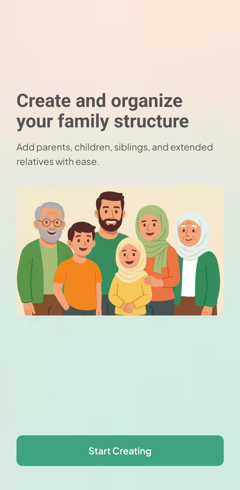 Onboarding screen introducing the app with a single clear call to action