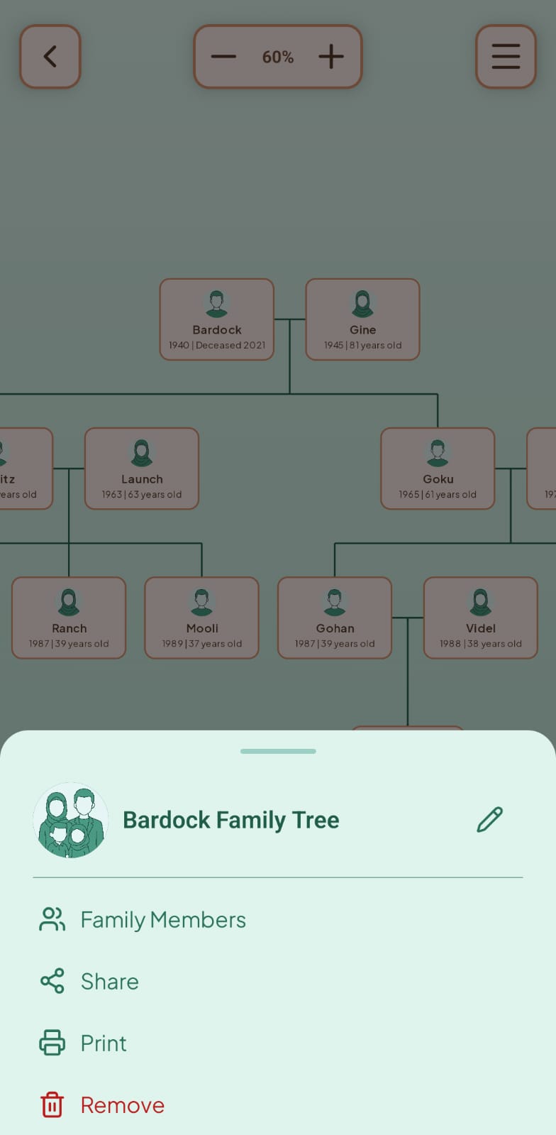 Tree-level menu shown as a bottom sheet with Family Members, Share, Print, and Remove