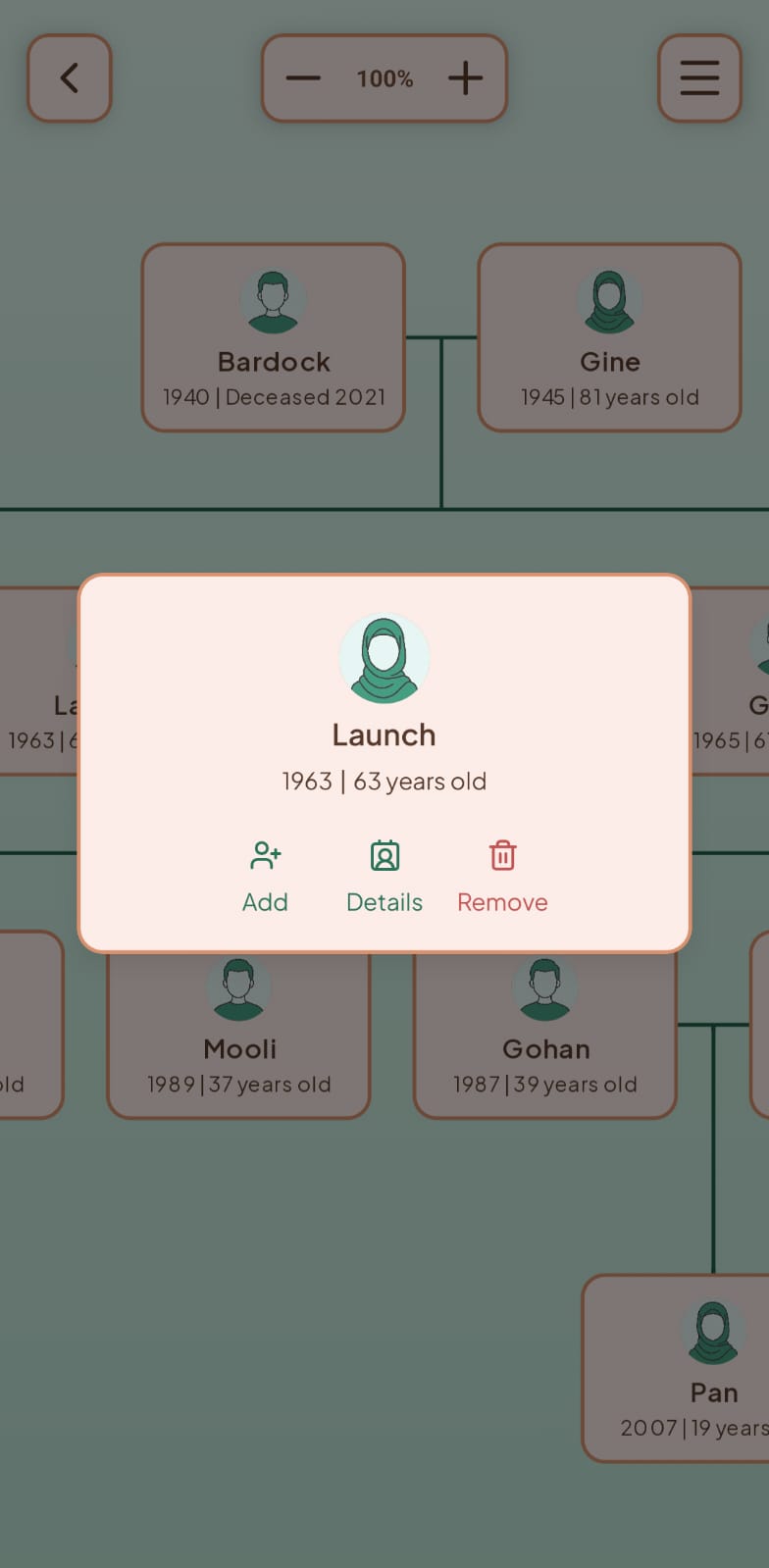 Contextual card appearing near a selected node, showing Add, Details, and Remove