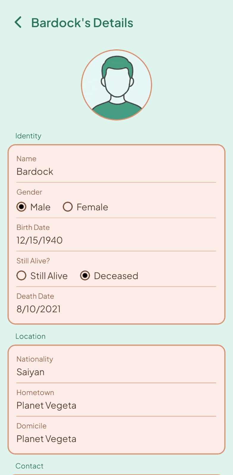 Full profile detail screen with information grouped into Identity and Location cards